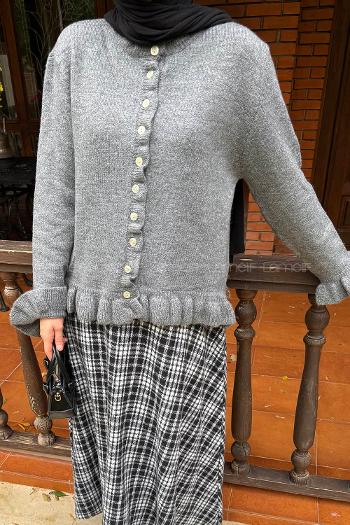 Gray Crew Neck Long Arm Acrylic Cotton Fabric Cardigan