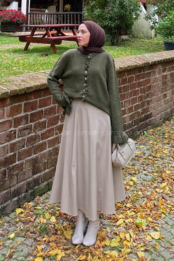 Khaki Crew Neck Long Arm Acrylic Cotton Fabric Cardigan