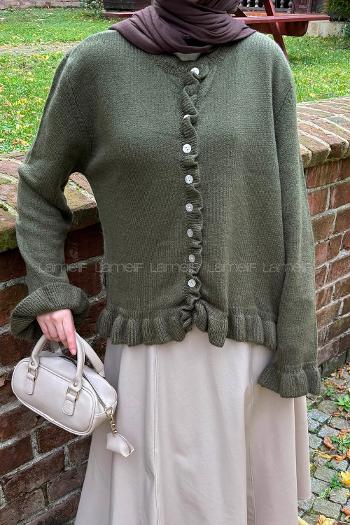 Khaki Crew Neck Long Arm Acrylic Cotton Fabric Cardigan