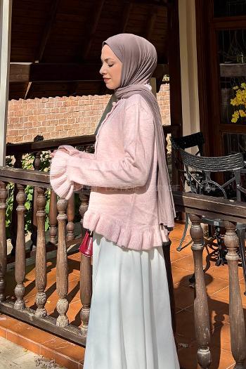 Lamelif Fırfır Detaylı Hırka Pudra