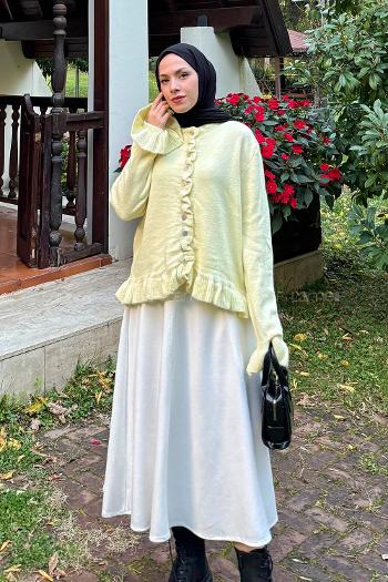 Yellow Crew Neck Long Arm Acrylic Cotton Fabric Cardigan