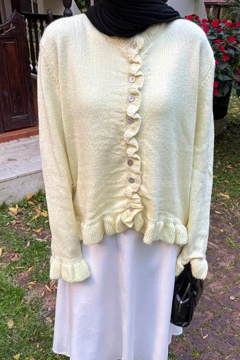 Yellow Crew Neck Long Arm Acrylic Cotton Fabric Cardigan