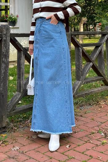 Lamelif Püskül Detaylı Kot Etek Açık Mavi