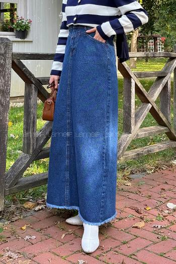 Lamelif Püskül Detaylı Kot Etek Koyu Mavi