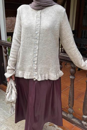 Lamelif Taş Düğmeli Hırka Soft Kahve