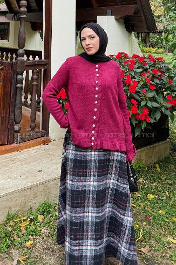 Lamelif Taş Düğmeli Hırka Vişne Rengi