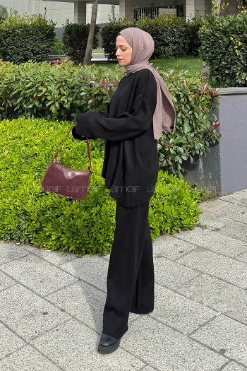 Lamelif Asimetrik Bisiklet Yaka Triko Takım Siyah