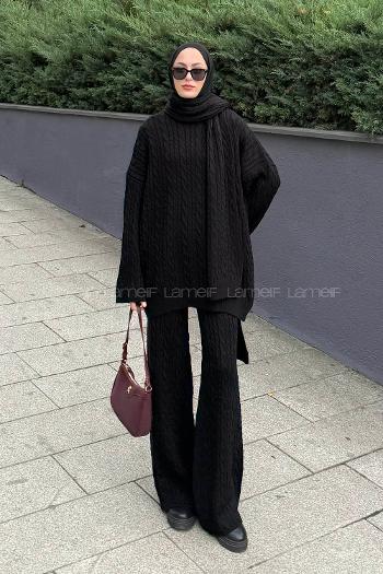 Lamelif Atkılı Örgü Desen İkili Takım Siyah