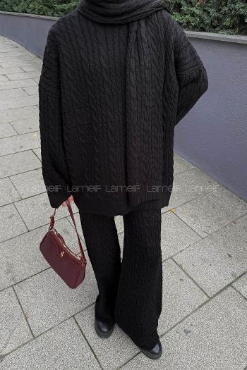 Lamelif Atkılı Örgü Desen İkili Takım Siyah