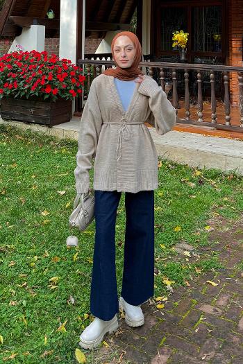 Lamelif Bağlama Detaylı Triko Hırka Taş Rengi