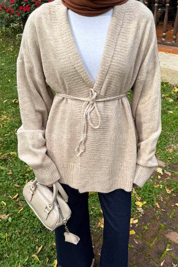 Lamelif Bağlama Detaylı Triko Hırka Taş Rengi