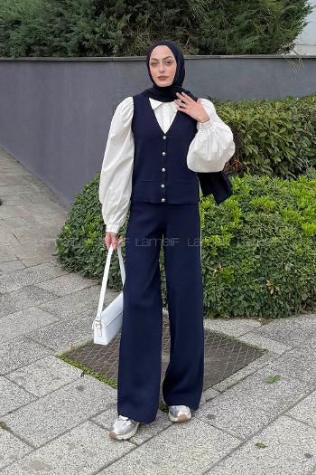 Lamelif Biyeli Yelekli Takım Lacivert