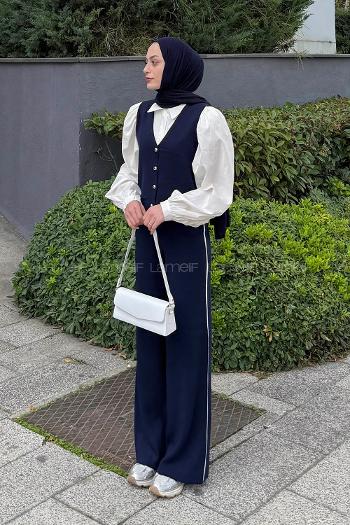 Lamelif Biyeli Yelekli Takım Lacivert