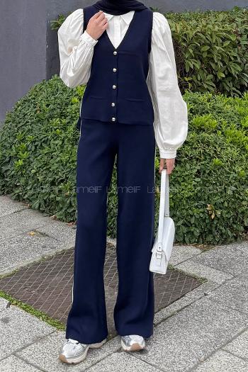 Lamelif Biyeli Yelekli Takım Lacivert