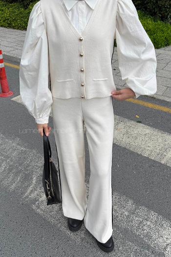 Stone V Neck Long Arm Knitwear Regular Trousers Comfortable Suit