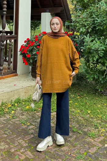 Lamelif Çizgili Triko Kazak Camel