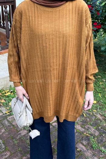 Lamelif Çizgili Triko Kazak Camel