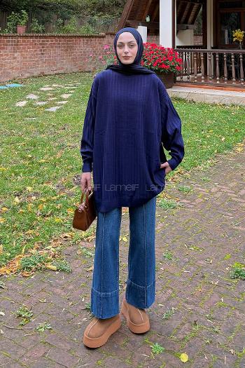 Navy Blue Neckband Knitwear Tunic