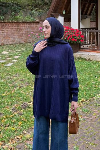 Navy Blue Neckband Knitwear Tunic
