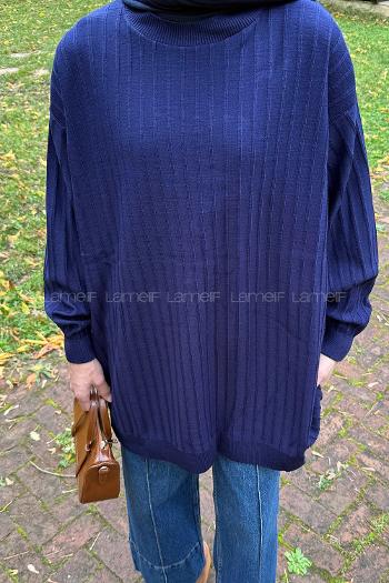 Navy Blue Neckband Knitwear Tunic