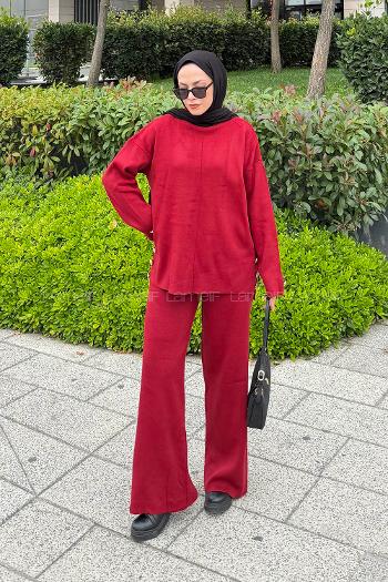 Lamelif Düğme Detaylı Triko Takım Bordo