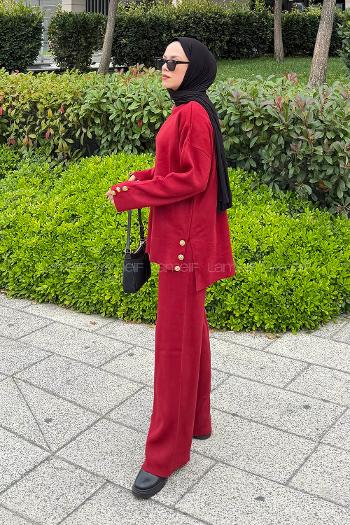 Lamelif Düğme Detaylı Triko Takım Bordo