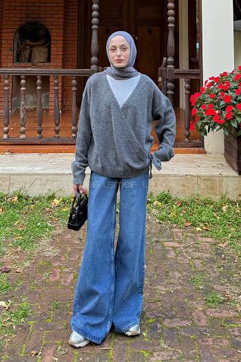 Anthracite V Neck Long Arm Acrylic Polyester Cardigan