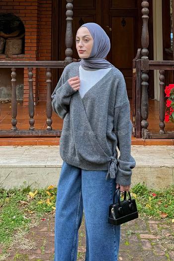 Anthracite V Neck Long Arm Acrylic Polyester Cardigan