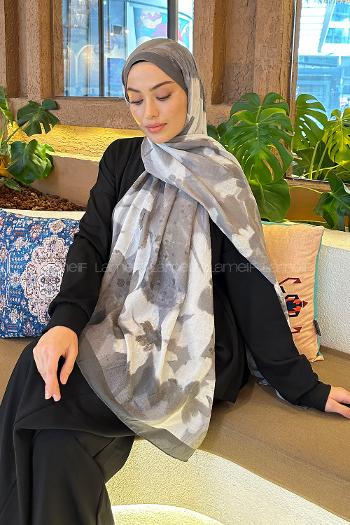 Lamelif Flora Garden Desen Bambu Şal Antrasit Ekru