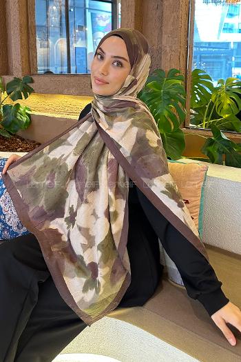 Lamelif Flora Garden Desen Bambu Şal Asker Yeşili Kahverengi