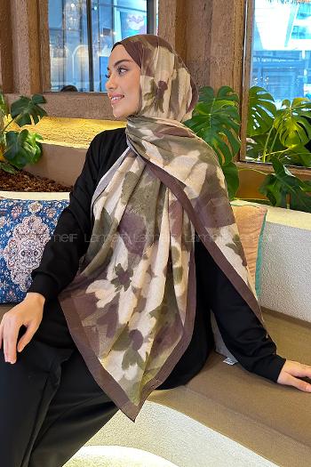 Lamelif Flora Garden Desen Bambu Şal Asker Yeşili Kahverengi