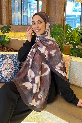 Lamelif Flora Garden Desen Bambu Şal Çikolata Kahve