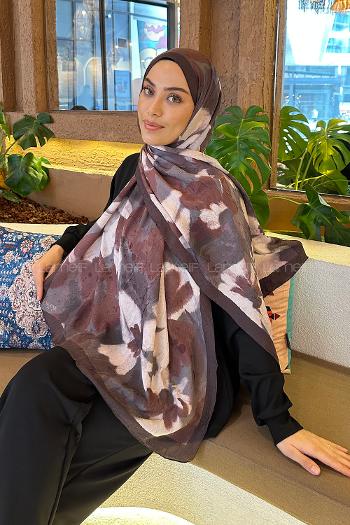 Lamelif Flora Garden Desen Bambu Şal Çikolata Kahve