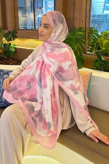 Lamelif Flora Garden Desen Bambu Şal Şeker Pembe