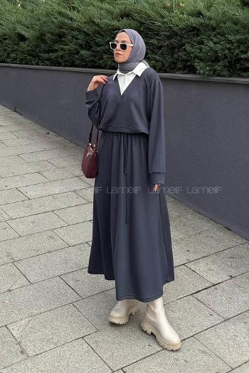 Lamelif Garni Yaka Etekli Takım Antrasit