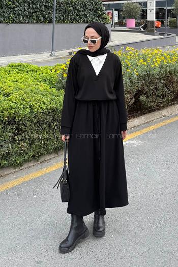 Black Shirt Collar Long Arm Cotton Lycra Flared Skirt Suit