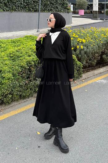 Black Shirt Collar Long Arm Cotton Lycra Flared Skirt Suit