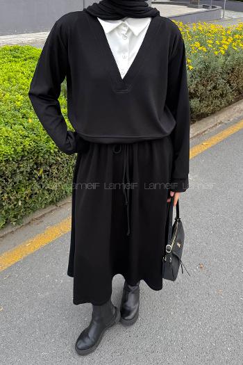 Black Shirt Collar Long Arm Cotton Lycra Flared Skirt Suit