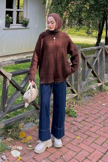 Lamelif İnce Örgülü Kazak Acı Kahve