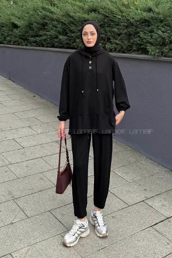 Lamelif Kapüşonlu İkili Takım Siyah