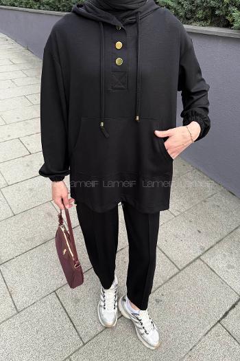 Lamelif Kapüşonlu İkili Takım Siyah