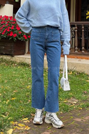 Blue Cotton Denim Elastan High Waist Denim Pants