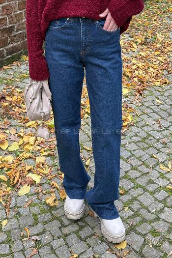 Lamelif Kesik Paça Fit Jean Koyu Mavi Eskitme