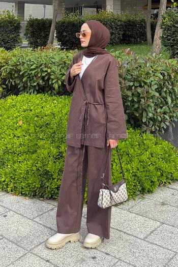 Bitter Brown V Neck Long Arm Denim Regular Trousers Denim Suit