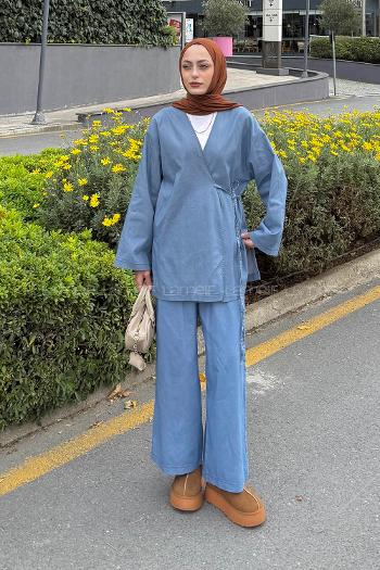 Ice Blue V Neck Long Arm Denim Regular Trousers Denim Suit