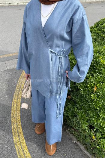 Ice Blue V Neck Long Arm Denim Regular Trousers Denim Suit
