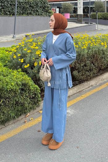 Ice Blue V Neck Long Arm Denim Regular Trousers Denim Suit