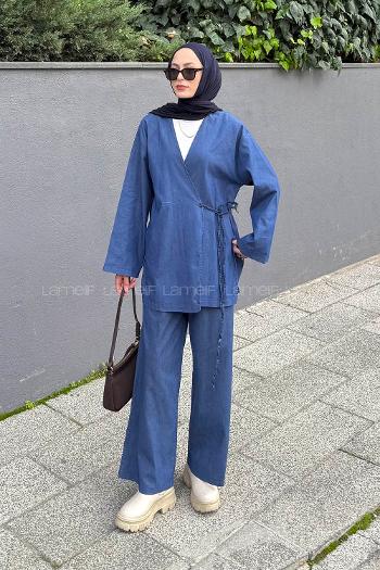 Denim Blue V Neck Long Arm Denim Regular Trousers Denim Suit
