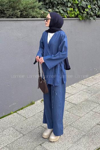 Denim Blue V Neck Long Arm Denim Regular Trousers Denim Suit