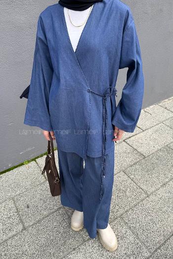 Denim Blue V Neck Long Arm Denim Regular Trousers Denim Suit